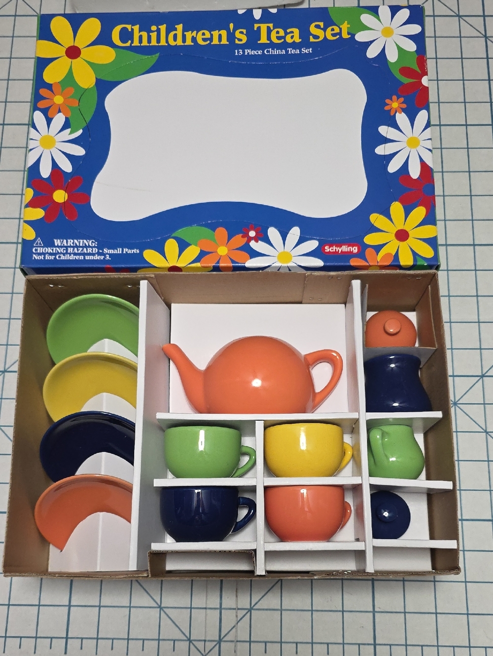 Schylling Childrens 13 pc Tea Set  Ceramic Retro & Fiesta Colors, NIB.  Set #2